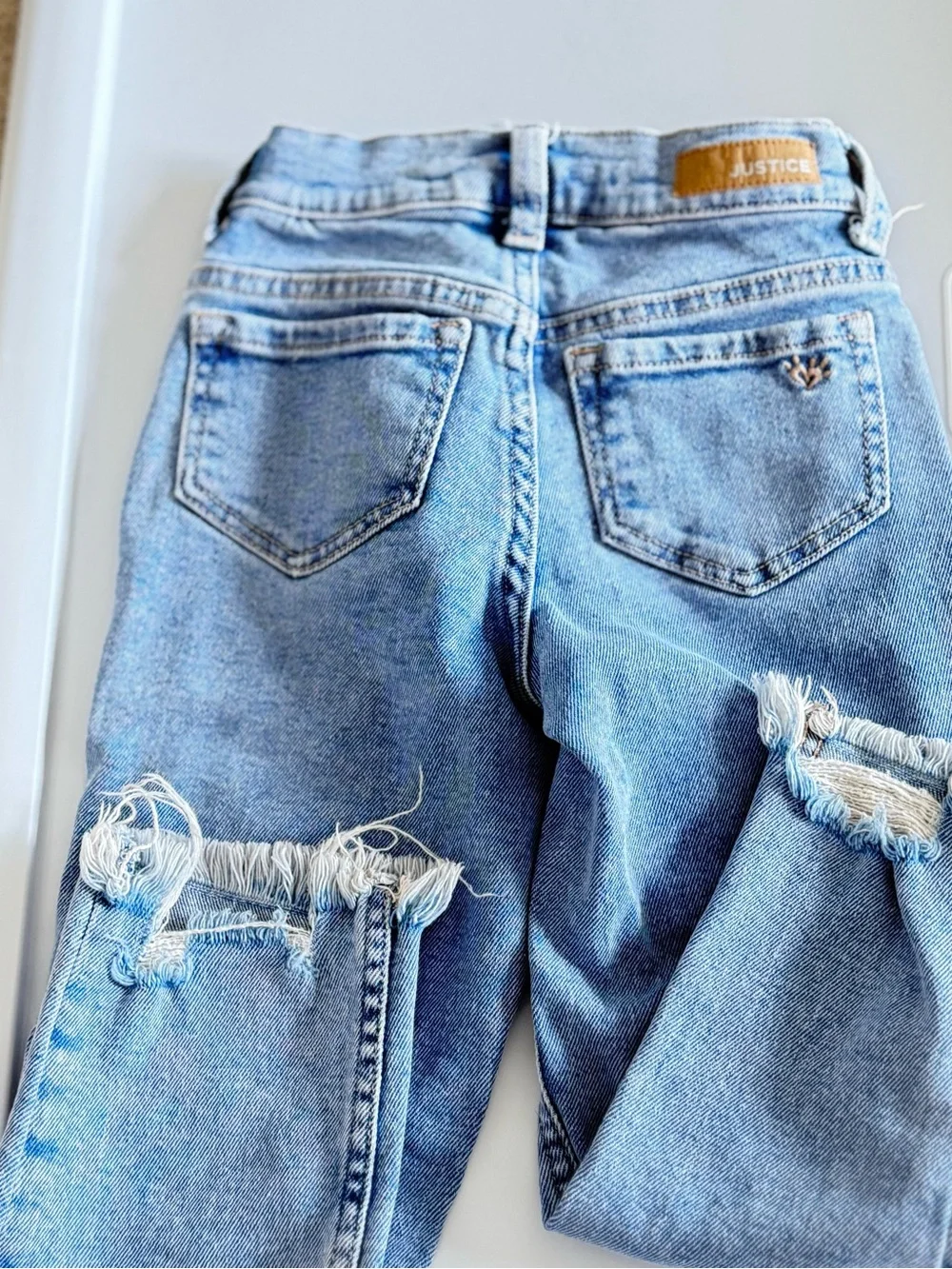 Justice Light Blue Distressed Boyfriend Jeans with Striped Patch